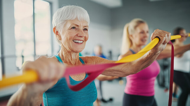 A lively seniors' fitness program with elderly participants exercising in a modern gym, using light weights and resistance bands, with a friendly instructor guiding the class