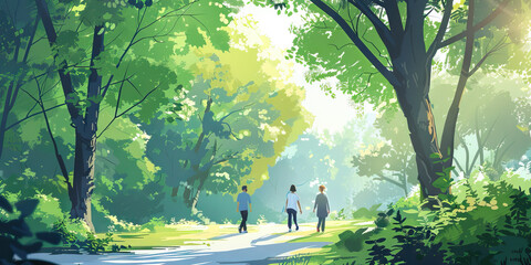 An outdoor nature walk therapy session in a lush green forest, with patients connecting with nature and finding solace in its peacefulness.