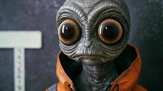 An alien with large eyes and gray skin stands in front of a gray wall, wearing an orange jacket