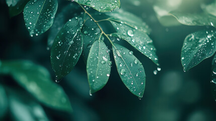 Fototapeta premium Close-up of green leaves with water droplets, showcasing nature's beauty and freshness.