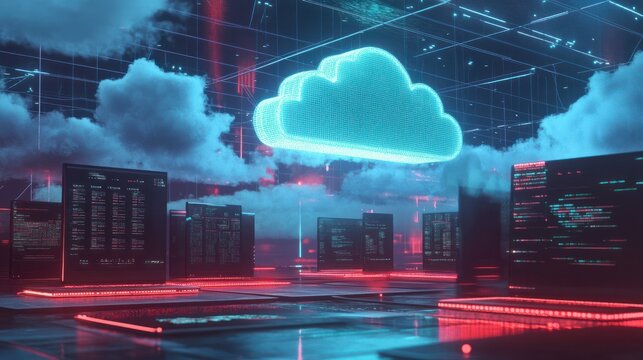 Cloud computing concept with secure data connections and multiple laptops connected to a central cloud network in a secure environment.
