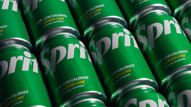 LONDON - OCTOBER 16, 2024: Diet Sprite Soda Drinks Green Tinned Cans