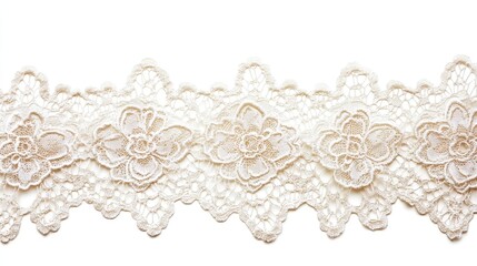 beautiful high-resolution close-up photograph of ivory lace trim with an intricate floral design, isolated on a white background, showcasing delicate craftsmanship and fine detailing