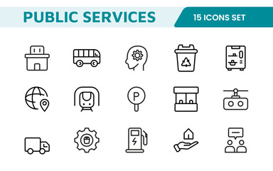 Set of outline Public Services icons. Minimalist thin linear web icon set. Line icons related to public utilities. Gas, electricity, water, heating.