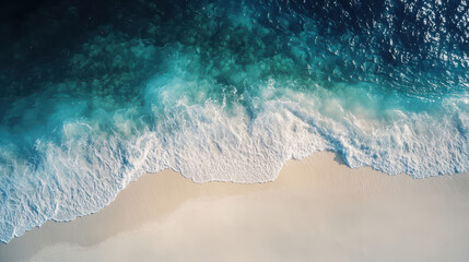 Aerial view of ocean waves meeting a sandy beach, showcasing natural beauty.