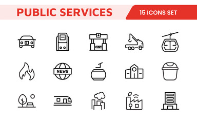 Set of outline Public Services icons. Minimalist thin linear web icon set. Line icons related to public utilities. Gas, electricity, water, heating.