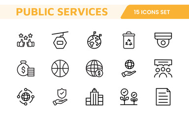 Set of outline Public Services icons. Minimalist thin linear web icon set. Line icons related to public utilities. Gas, electricity, water, heating.