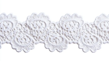 delicate vintage white lace trim with floral pattern, isolated on a white background in a flat lay design, featuring soft cotton lace details, perfect for fashion or crafting projects