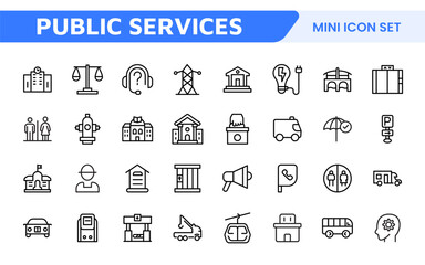 Set of outline Public Services icons. Minimalist thin linear web icon set. Line icons related to public utilities. Gas, electricity, water, heating.