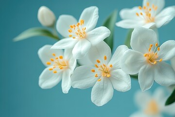 A close up of a bunch of white flowers with yellow centers