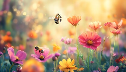 Naklejka premium Bees buzzing around vibrant flowers, actively pollinating and contributing to the growth of thriving plants in a colorful garden