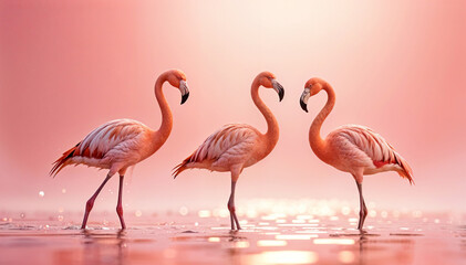 Fototapeta premium 3 flamingos, a quiet moment on the water