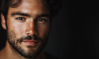 Fototapeta premium Young man's intense gaze captured against a moody dark backdrop, conveying depth and reflection with brown hues.