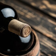 Obraz premium A corked wine bottle lies atop a rustic wooden barrel, representing aged tradition and fine winemaking.