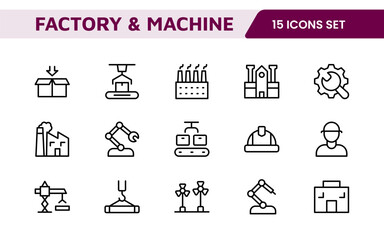 Factory and Machine Icons Collection: A Versatile Set for Industrial Design, Production Workflows, Machinery, Factory Management, and Engineering Solutions.