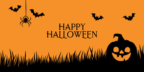 Happy Halloween greeting, orange pumpkin banner background, cute cartoon vector design