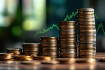 Stacked coins forming a mountainlike bar chart, symbolizing wealth accumulation and market performance