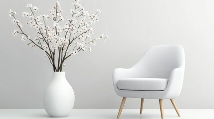 Fototapeta premium A serene modern interior showcasing soft minimalism with a stylish chair and elegant floral arrangement in a tranquil setting