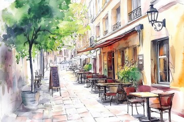 European Terrace Cafe on a Summer Day. Watercolor Hand Drawn Illustration of Cozy Urban Scene