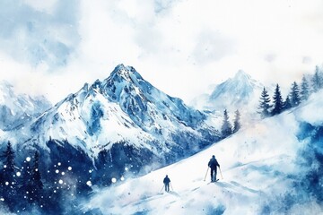 Hand Drawn Watercolor Snowy Mountain Landscape with Skiing and Snowboarding Action