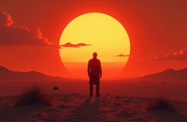 the silhouette of a man at sunset in front of a huge sun