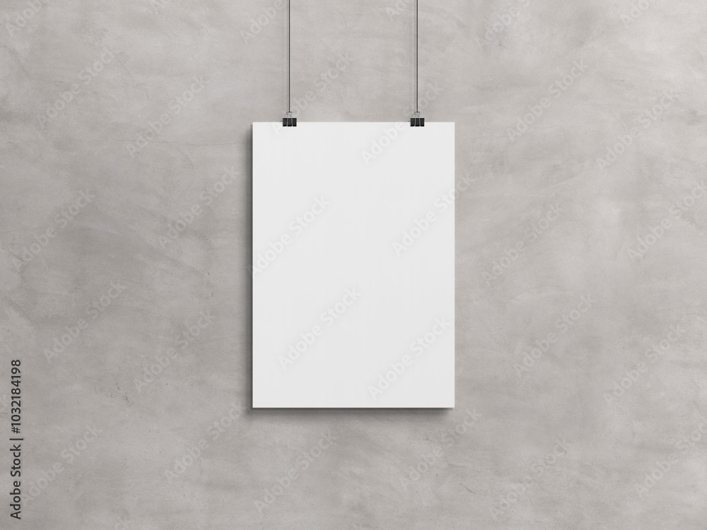 Poster blank vertical poster hanging with clips on a concrete wall mockup. empty frame 3d rendering