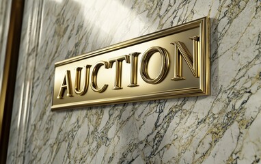 AUCTION 3D rendered word with large stylish text in gold embossed sign mounted on glossy marble wall. Banner image can be used for an online website banner ad or special promotions. Generative AI