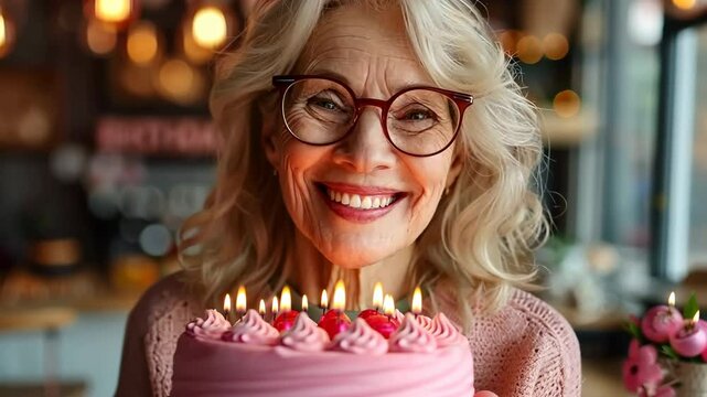 A cheerful senior woman celebrates her birthday with a cake and candles.