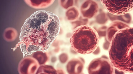 Close-up of decaying single cell with visible disintegration, contrasting with surrounding healthy cells, highlighting cellular biology concepts of life and death.