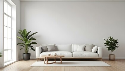 A minimalist living room with a white sofa, wooden floor, and a potted plant in the corner.