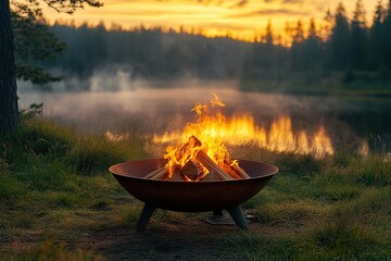 A fire is burning in a large metal bowl on a grassy field