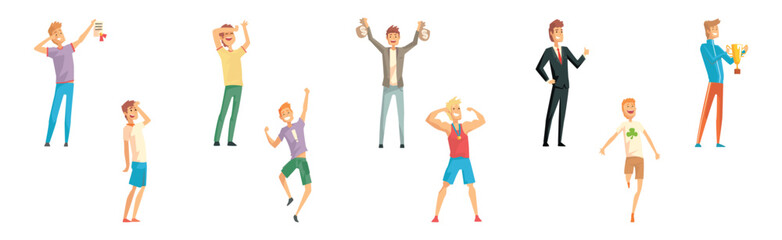 Happy Man Character Rejoice with Achievement and Success Vector Set