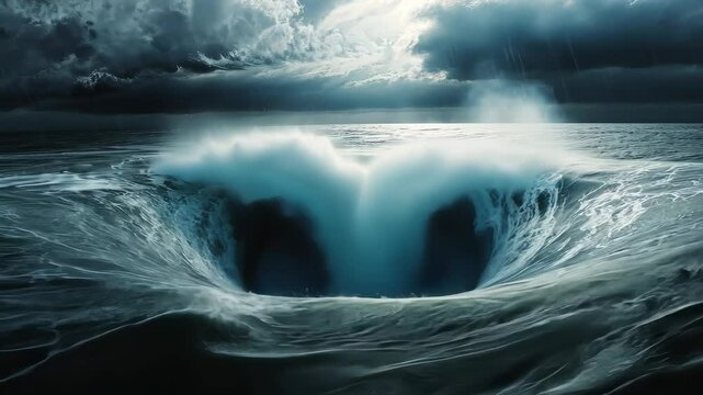 Dark ocean whirlpool with dramatic sky, powerful nature concept.