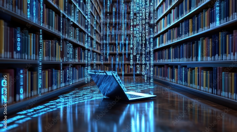 Poster digital library with books and laptop computer in a futuristic setting, highlighting data visualizat