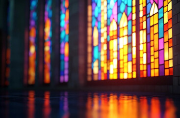 The stained glass window of the church.