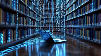 Digital library with books and laptop computer in a futuristic setting, highlighting data visualization and AI-powered information search. Glowing binary code flows across the bookshelves, representi