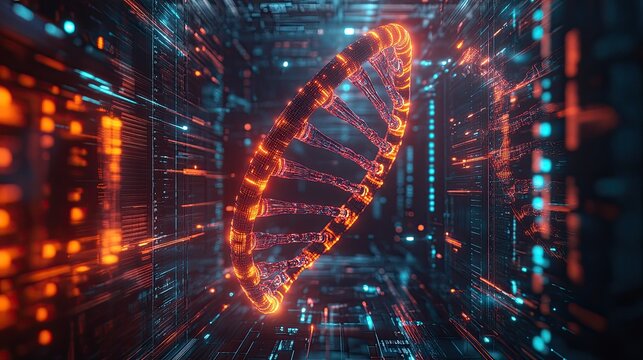 3D-rendered DNA helix glowing with neon colors, spinning in a futuristic digital space, symbolizing life sciences and genetic engineering.