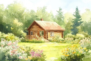 Fototapeta premium Scenic Cottage Retreat in Vibrant Garden Setting - Watercolor Home Illustration