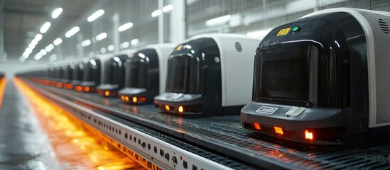 Row of automated machines on a conveyor belt in a factory.