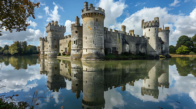 This is a photo of a majestic castle with a moat. The castle is made of gray stone and has four towers. The moat is surrounded by trees.