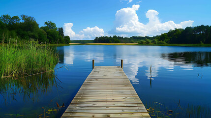 The image is a beautiful landscape of a lake and a dock. The water is calm and clear.