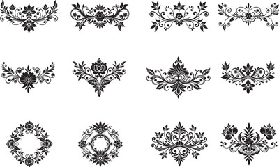 Black and white vector design of floral elements, serving as decorative border dividers with intricate patterns