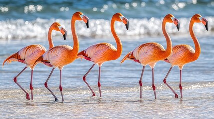 Obraz premium Five pink flamingos stand in shallow water on a beach with their heads turned in different directions.