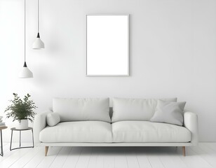 A modern living room with a large white sofa, a blank framed canvas on the wall, and minimalist decor.
