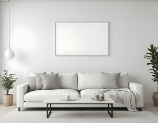 A modern living room with a large white sofa, a blank framed canvas on the wall, and minimalist decor.