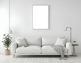 A modern living room with a large white sofa, a blank framed canvas on the wall, and minimalist decor.