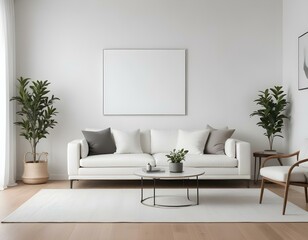 A modern living room with a large white sofa, a blank framed canvas on the wall, and minimalist decor.