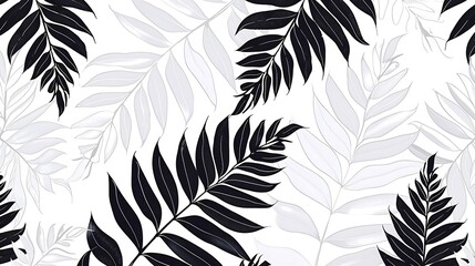 Seamless pattern of black and white tropical palm leaves on a white background.