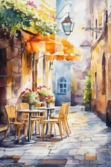 Obraz premium European Street Cafe Scene. Watercolor Illustration of Cozy Terrace in Paris