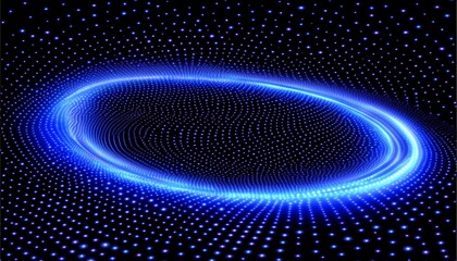Dark Blue Abstract Background with Blue Glowing Ring of Light and Scattered Particles